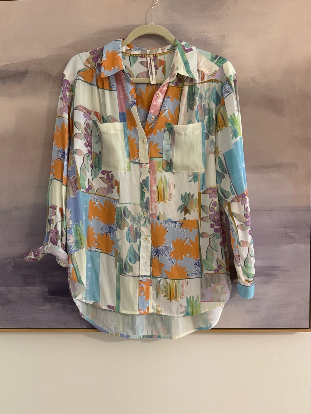 Anthropologie Abstract Patchwork Floral Silky Button-Down Blouse